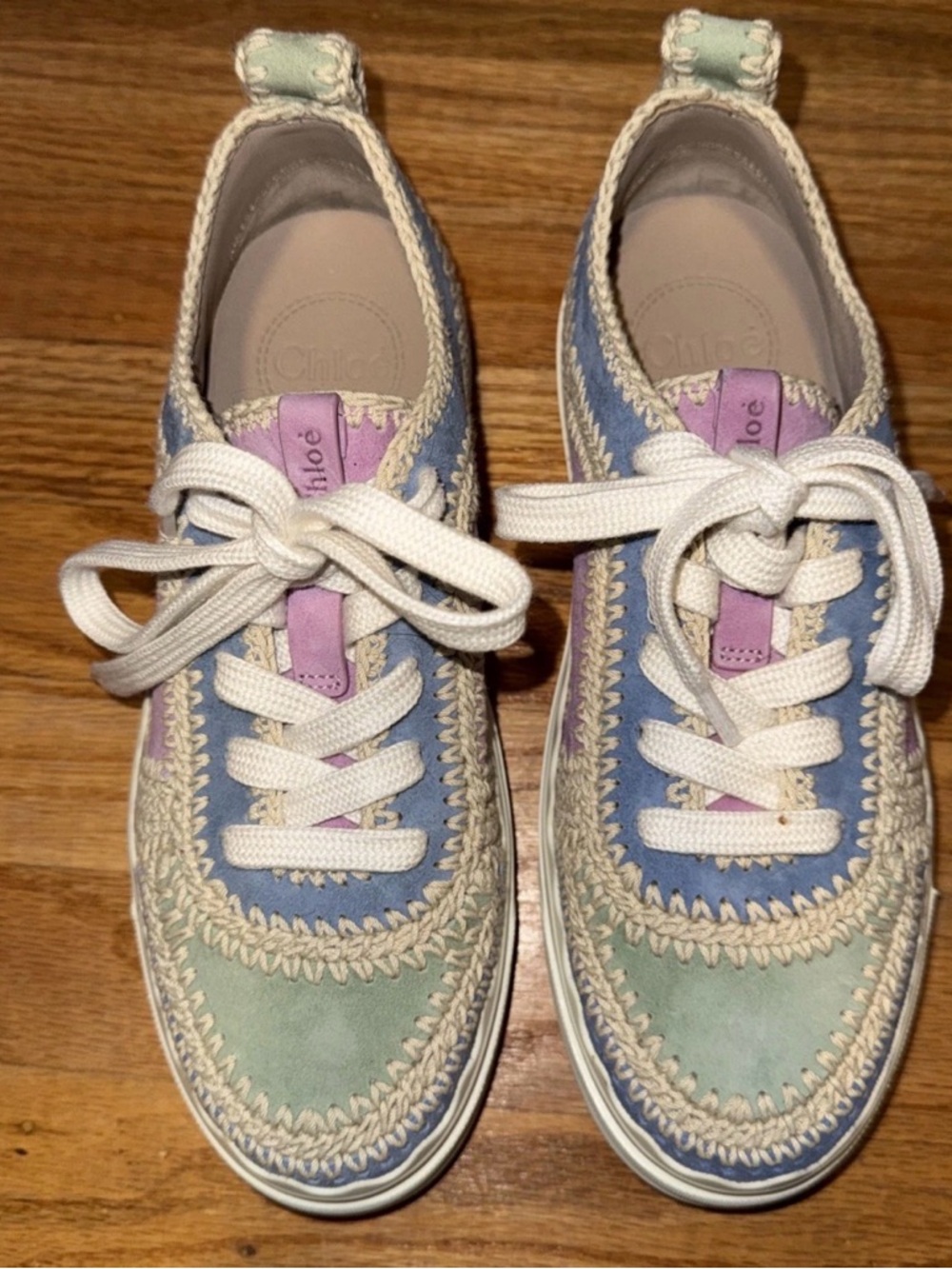 Women's Chole Lauren Crochet Suede Pastel Multi-Color Lace-Trim Sneakers Sz 6.5